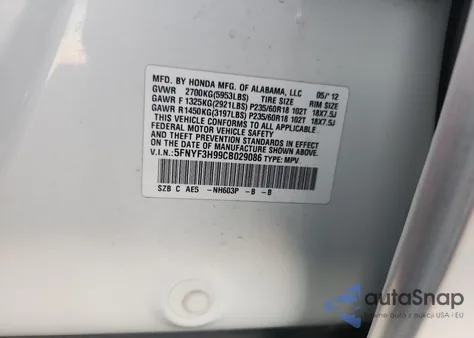 2012 Honda Pilot Touring z USA, uszkodzony, nr VIN 5FNYF3H99CB029086